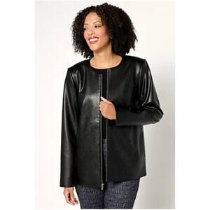 Susan Graver Faux Leather Laser Cut Detail Jacket Womens Size 2XP Black New
